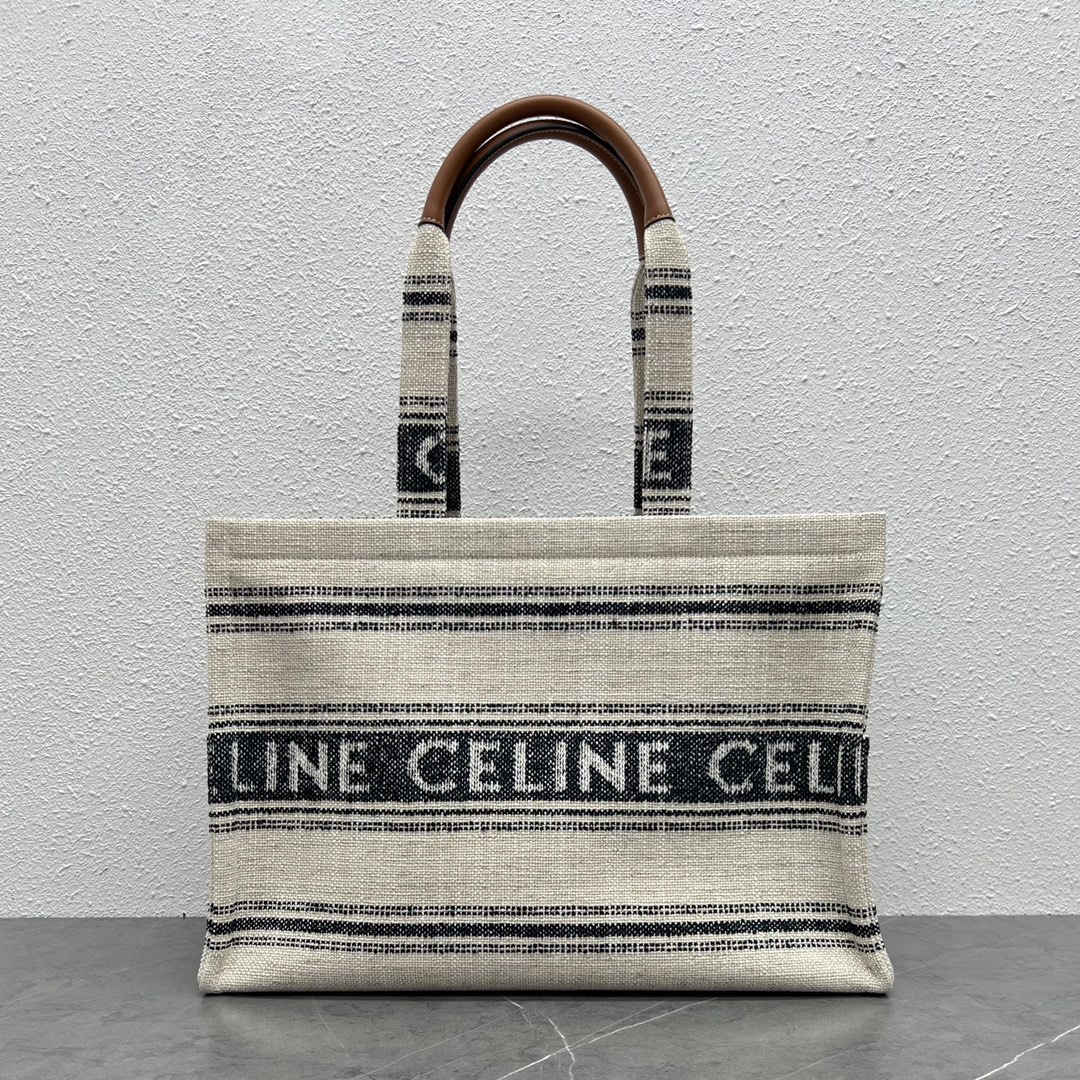 Celine Large Cabas Thais In Striped Textile With Celine Jacquard And Calfskin Cream/Grey 196762